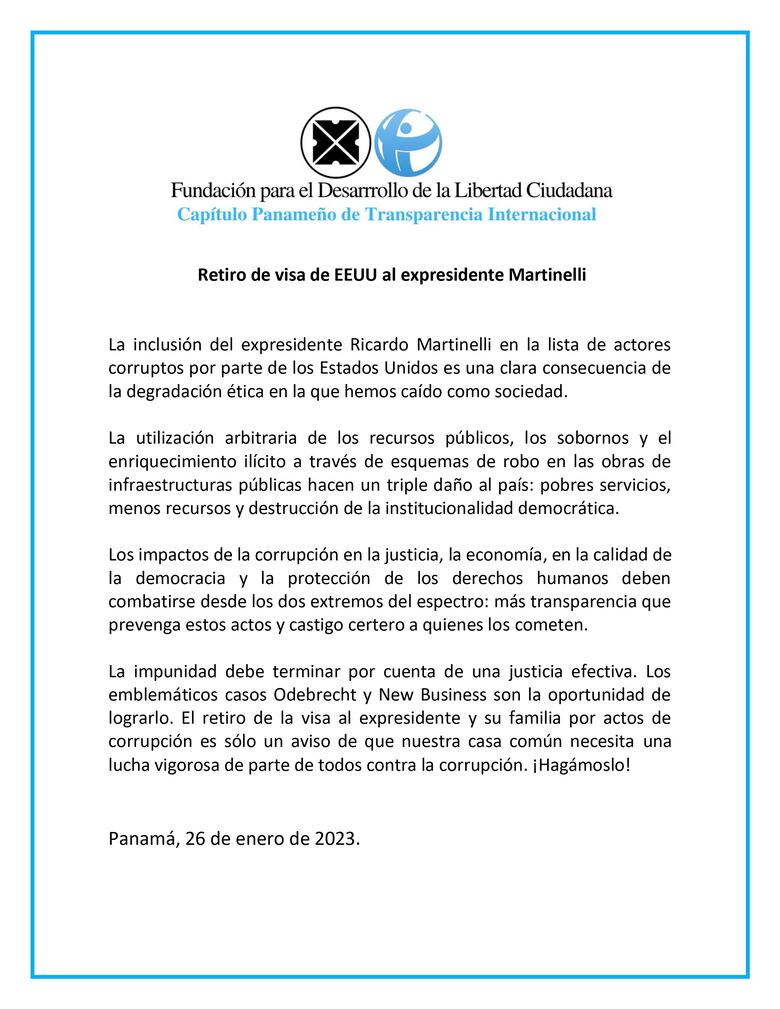 Libertad Ciudadana sobre decisión de Estados Unidos contra Martinelli: ‘se necesita una lucha vigorosa contra la corrupción’