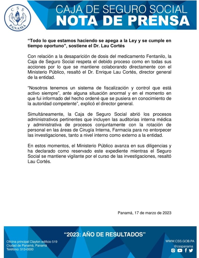 CSS rotó al personal para ‘asegurar evidencias’ en caso de hurto de fentanilo