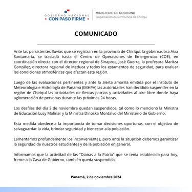 Suspenden desfiles del 3 de noviembre en varias provincias debido a mal tiempo