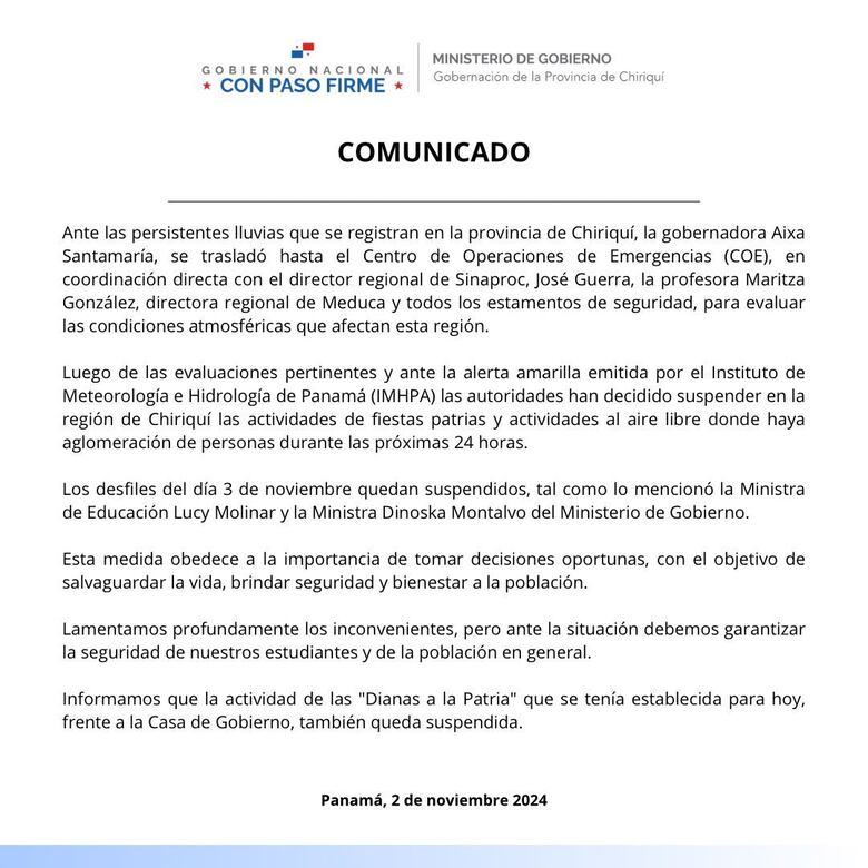 Suspenden desfiles del 3 de noviembre en varias provincias debido a mal tiempo