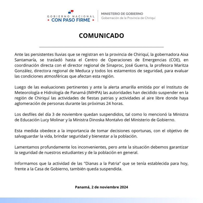 Suspenden desfiles del 3 de noviembre en varias provincias debido a mal tiempo