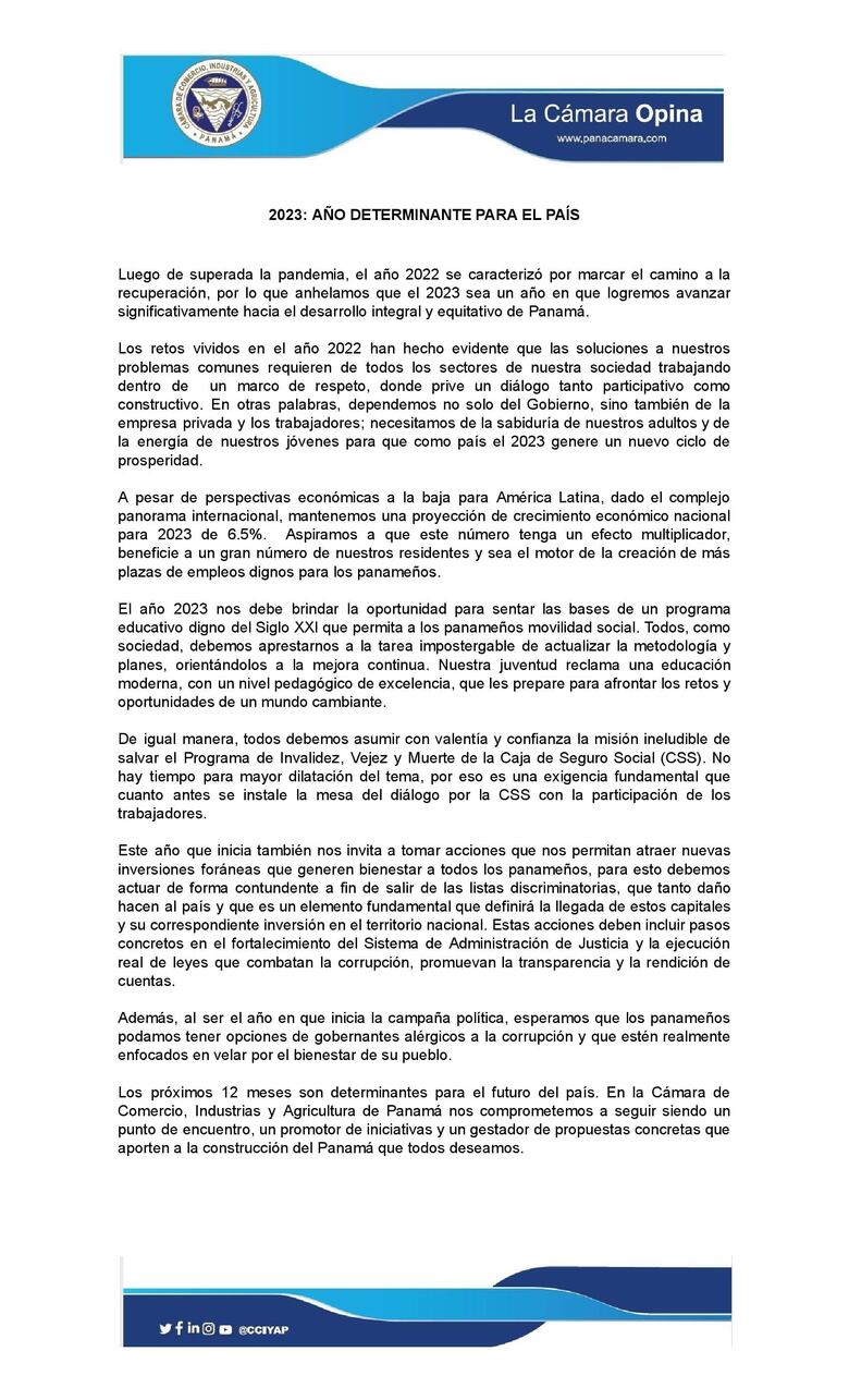 Cciap pide voluntad de todos los sectores para enfrentar problemas nacionales, entre ellos educación y CSS