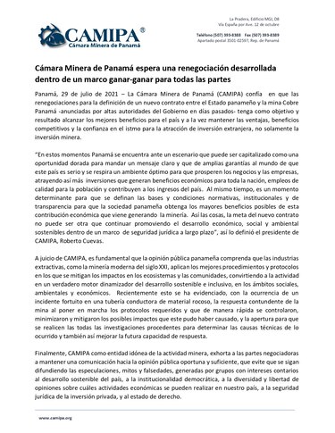 Cámara Minera pide transparencia en renegociación de contrato con Minera Panamá
