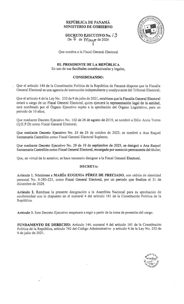 Mulino nombra a María Eugenia Pérez de Preciado como fiscal electoral; la Asamblea debe ratificarla