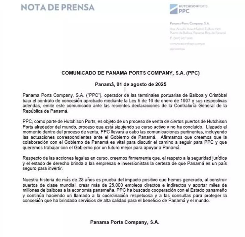 Panama Ports responde a las acciones legales de la Contraloría y pide respetar la seguridad jurídica