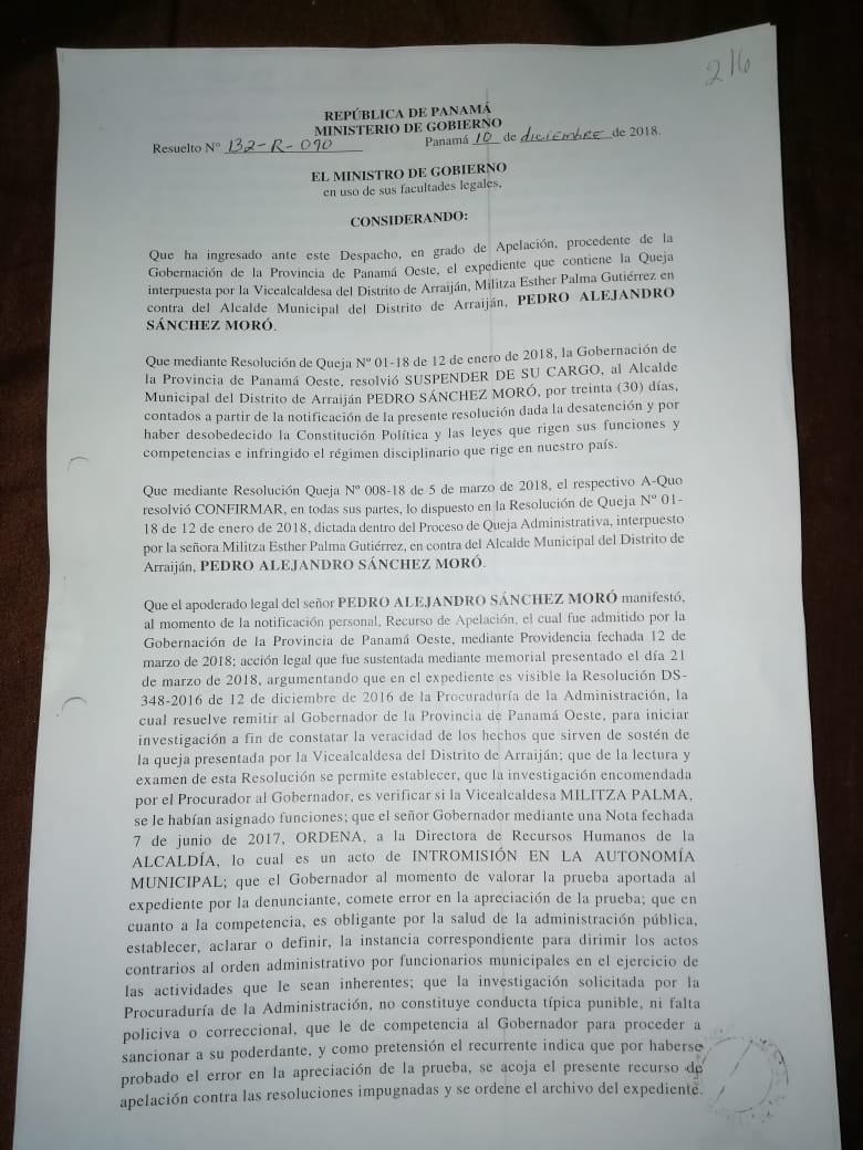 Vicealcaldesa de Arraiján asume control de municipio; alcalde Pedro Sánchez Moro es suspendido