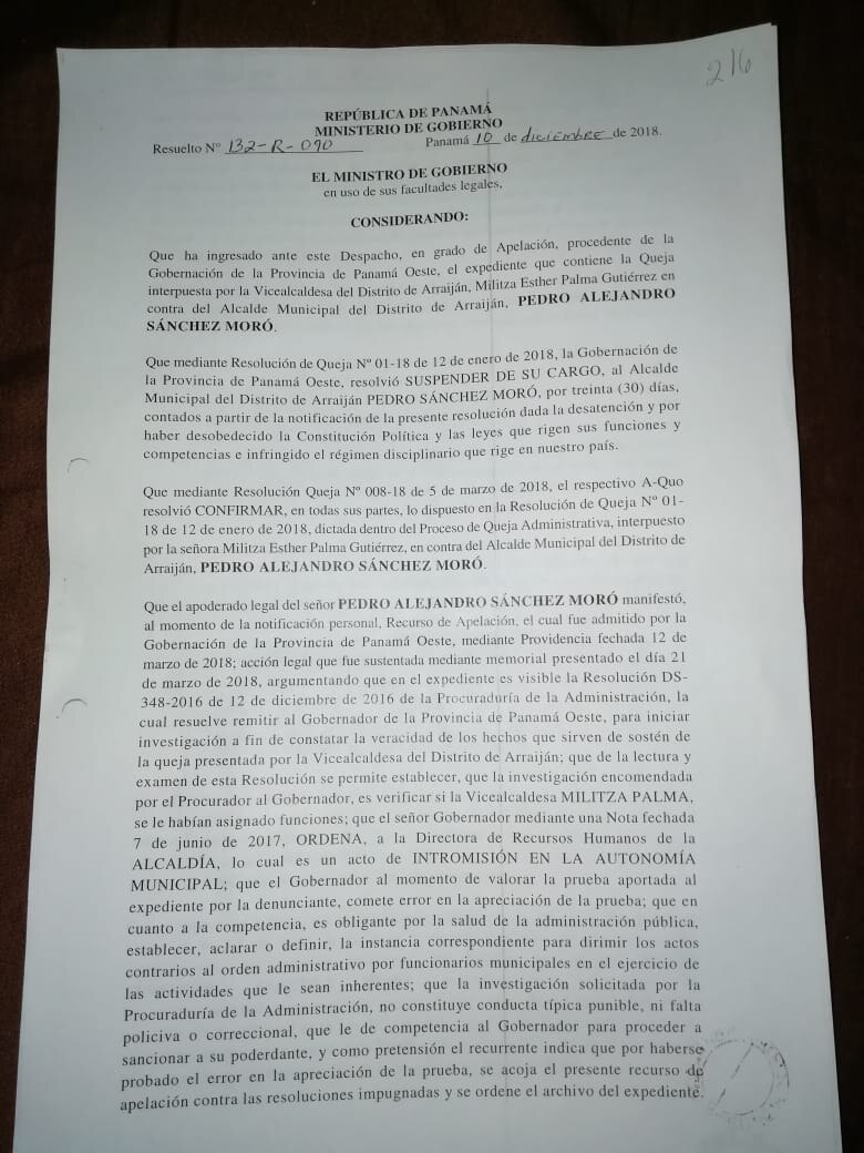Vicealcaldesa de Arraiján asume control de municipio; alcalde Pedro Sánchez Moro es suspendido