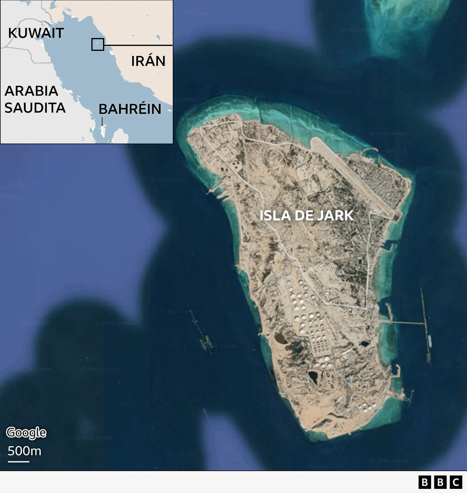 Mapa de Medio Oriente que muestra a Irán, Kuwait, Arabia Saudita y Bahréin, con un acercamiento a la isla de Jark. / BBC