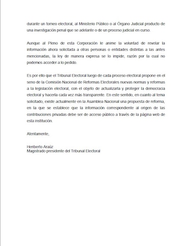 Tribunal Electoral a Movin: Donación de Odebrecht a campañas políticas es 'confidencial'