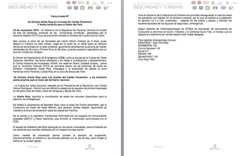 Alerta roja en Colón y Bocas del Toro por tormenta Otto; no habrá clases este miércoles