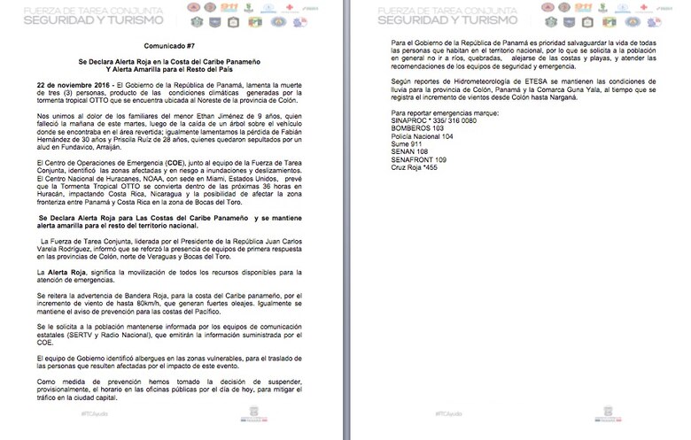 Alerta roja en Colón y Bocas del Toro por tormenta Otto; no habrá clases este miércoles