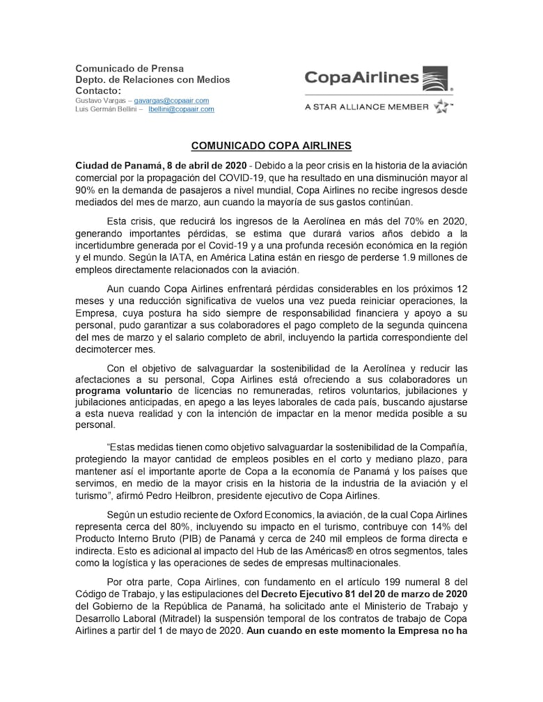 Copa Airlines ofrece plan de retiro voluntario al personal y se prepara para acogerse a la suspensión temporal de los contratos
