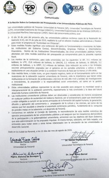 Rectores de cinco universidades públicas piden reconsiderar recortes presupuestarios