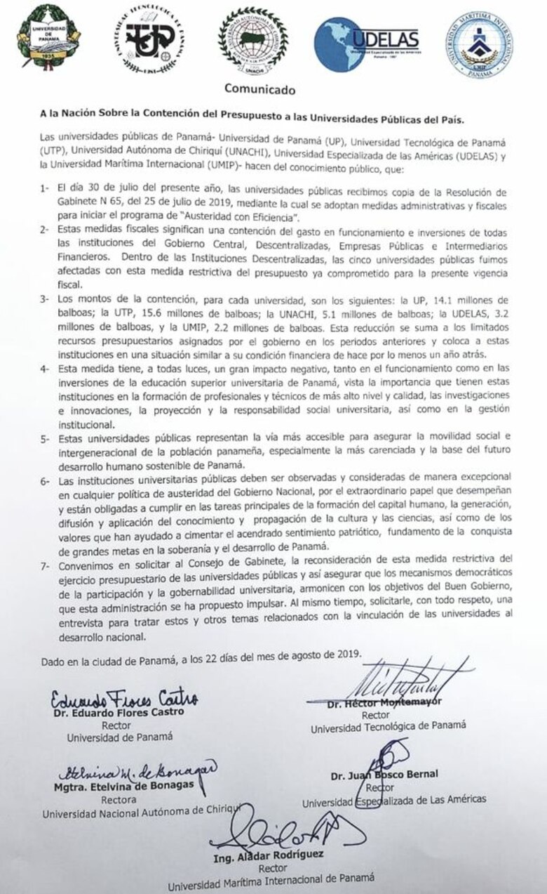 Rectores de cinco universidades públicas piden reconsiderar recortes presupuestarios