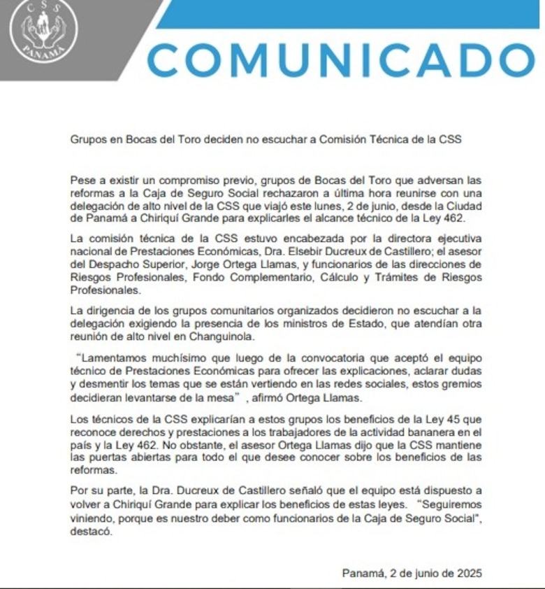 Delegación de la CSS viaja a Bocas del Toro, pero comunidad rechaza diálogo sobre la Ley 462
