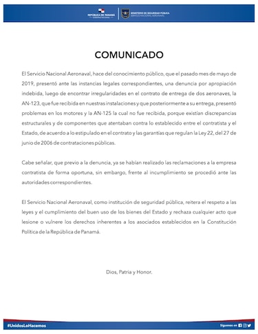 Senan denunció en mayo irregularidades halladas en entrega de aeronaves