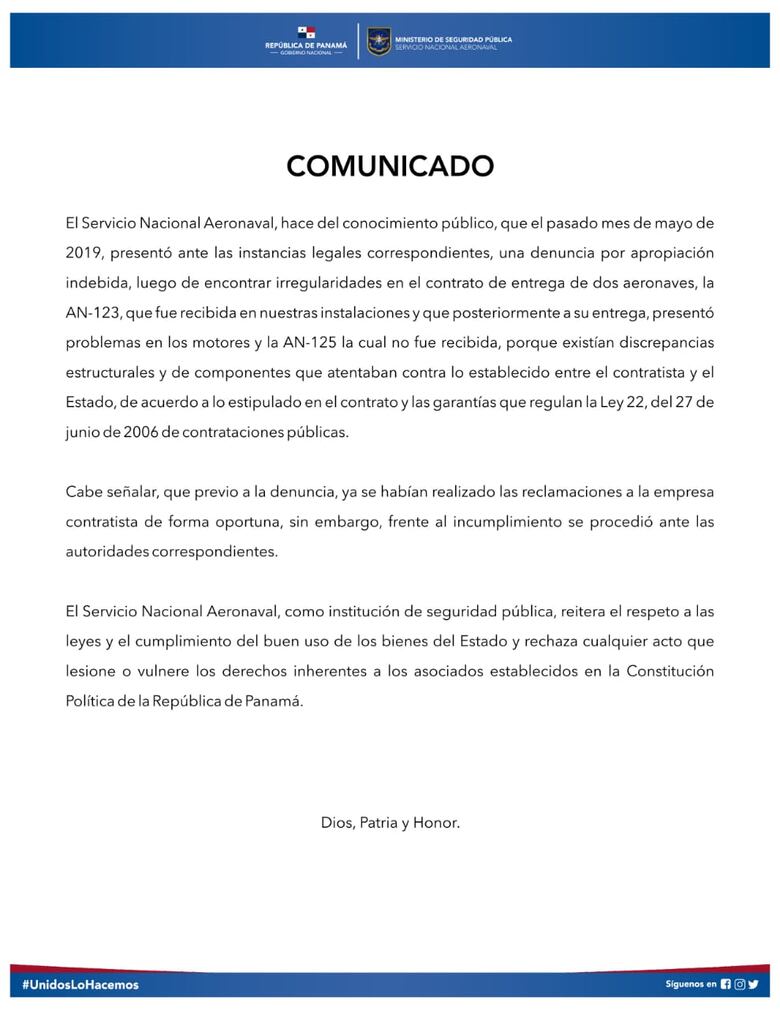 Senan denunció en mayo irregularidades halladas en entrega de aeronaves
