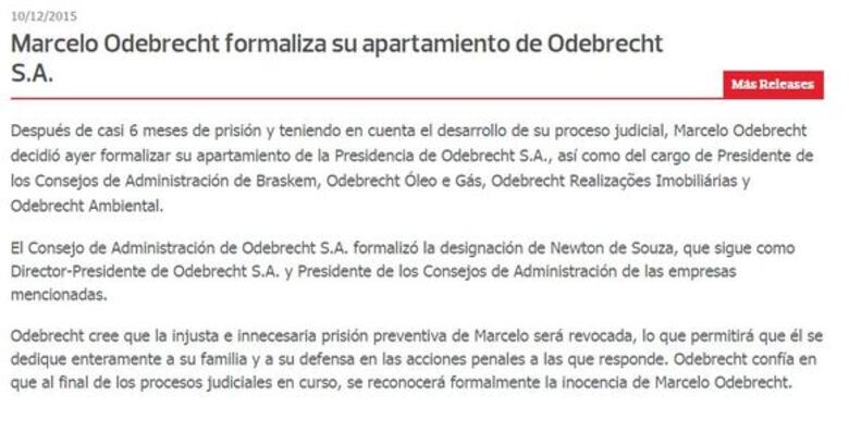 Odebrecht anuncia la dimisión de su presidente, preso por presunta corrupción