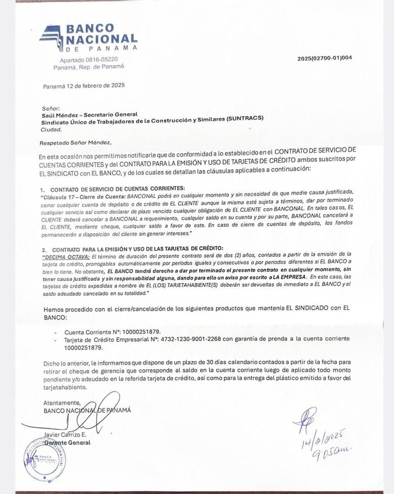 Banco Nacional de Panamá confirma cierre de cuenta corriente y tarjeta de crédito a Suntracs