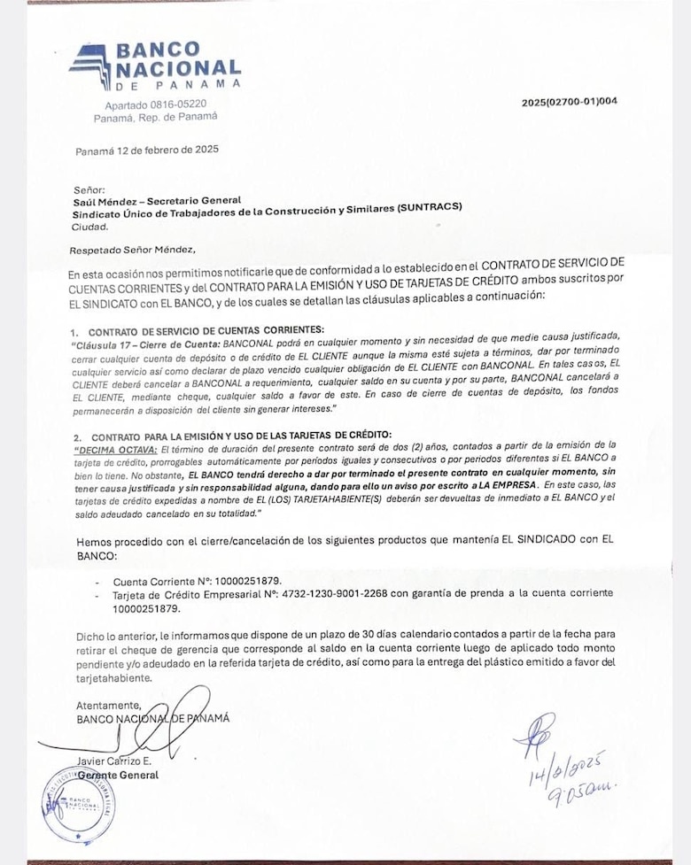Banco Nacional de Panamá confirma cierre de cuenta corriente y tarjeta de crédito a Suntracs