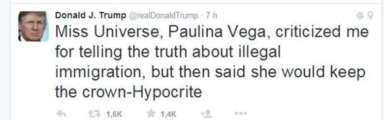 Donald Trump llama 'hipócrita' a Paulina Vega, actual Miss Universo