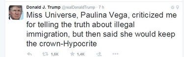 Donald Trump llama 'hipócrita' a Paulina Vega, actual Miss Universo
