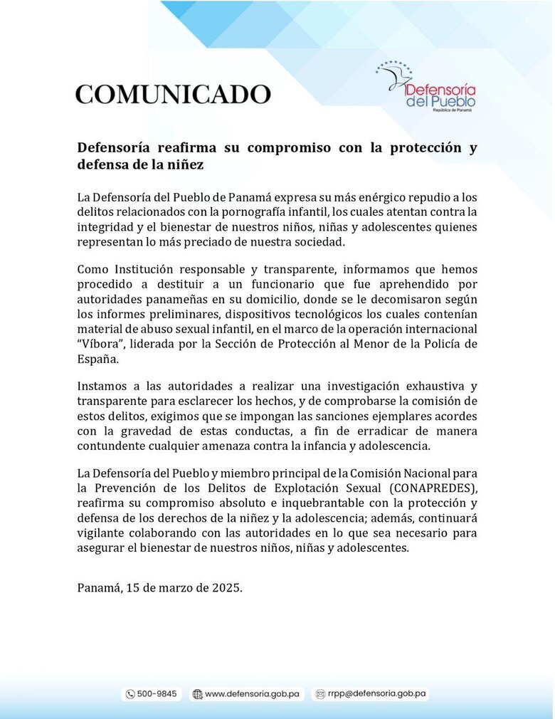 Defensoría confirma destitución de funcionario presuntamente vinculado a un caso internacional de abuso sexual infantil