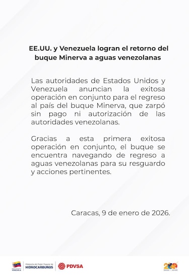 Venezuela anuncia el retorno a sus aguas de petrolero en una operación conjunta con Estados Unidos