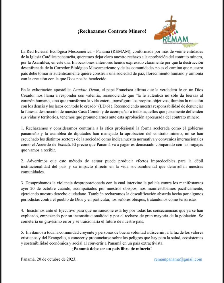 Red católica ambiental reitera rechazo al contrato minero; otros gremios anuncian cierres desde el lunes