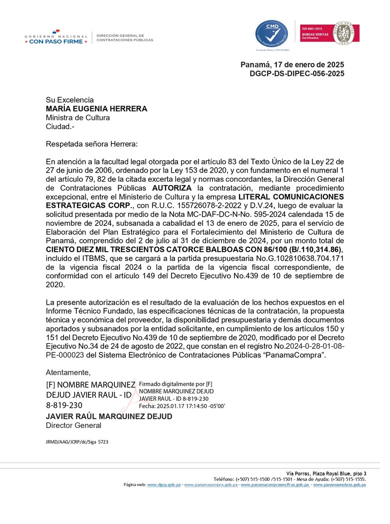 Ministerio de Cultura contrata consultoría en comunicaciones por $110,314