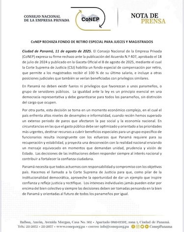 ‘Imprudente y desconectado de la realidad’: Apede y Conep rechazan jubilación especial de magistrados