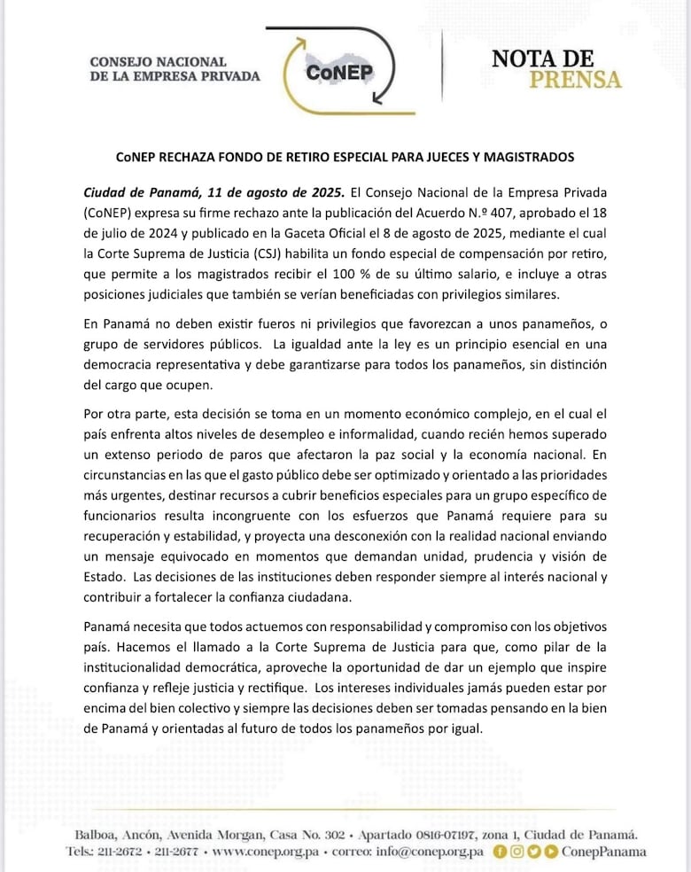 ‘Imprudente y desconectado de la realidad’: Apede y Conep rechazan jubilación especial de magistrados