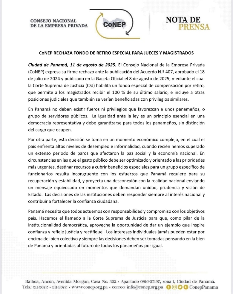 ‘Imprudente y desconectado de la realidad’: Apede y Conep rechazan jubilación especial de magistrados