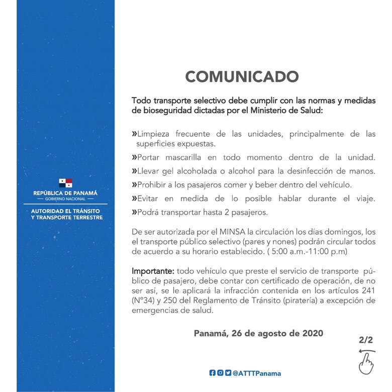 Taxis volverán a circular en Panamá y Panamá Oeste de acuerdo con el número de placa