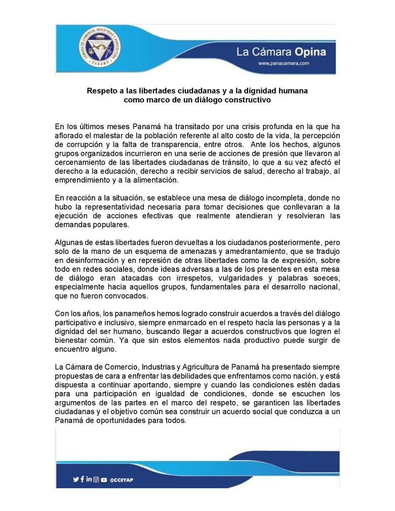 Cciap reitera su disposición a conversar sobre temas nacionales, pero en igualdad de condiciones