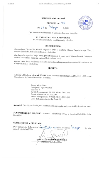 Renuncia el viceministro de Comercio Interior, Eduardo Arango; Mulino designa a Omar Torres