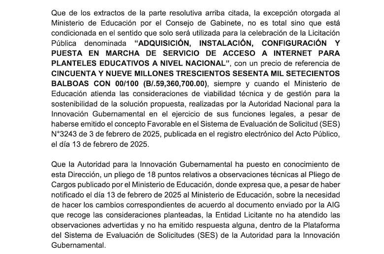 Se suspende la licitación del Meduca para el servicio de internet en las escuelas, por burlas a la ley y a la AIG