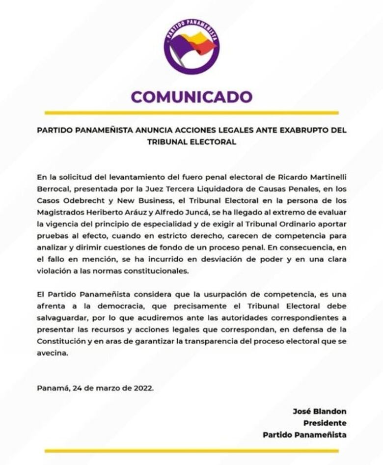 Blandón anuncia que demandarán ante la Corte el fallo del TE que reconoce el fuero a Martinelli