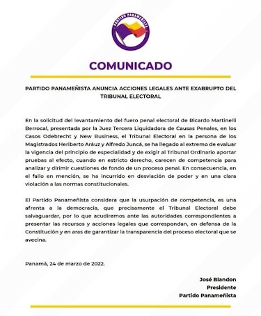 Blandón anuncia que demandarán ante la Corte el fallo del TE que reconoce el fuero a Martinelli