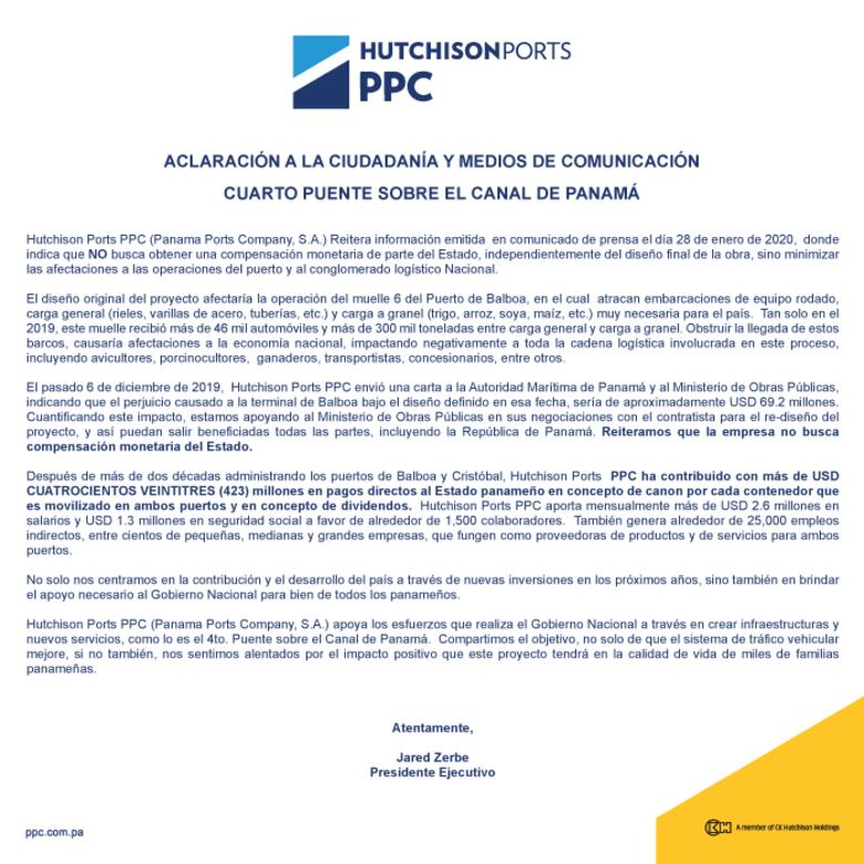 Aclaración a la ciudadanía y medios de comunicación. Cuarto puente sobre el Canal de Panamá. 