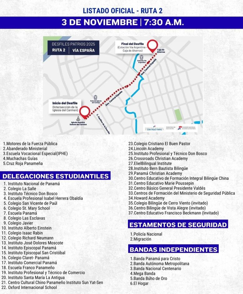 Estas son las delegaciones y bandas independientes que desfilarán este 3 de noviembre en la ruta 1 y 2