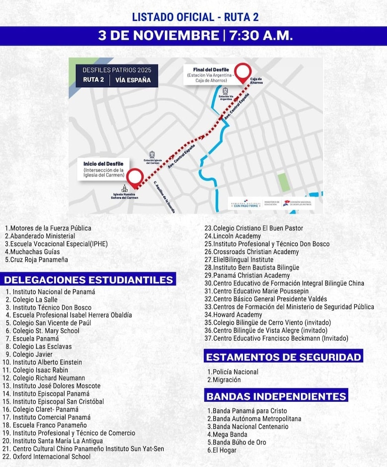 Estas son las delegaciones y bandas independientes que desfilarán este 3 de noviembre en la ruta 1 y 2