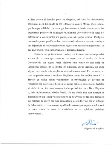 Réplica sobre petición para liberar al periodista Evan Gershkovich
