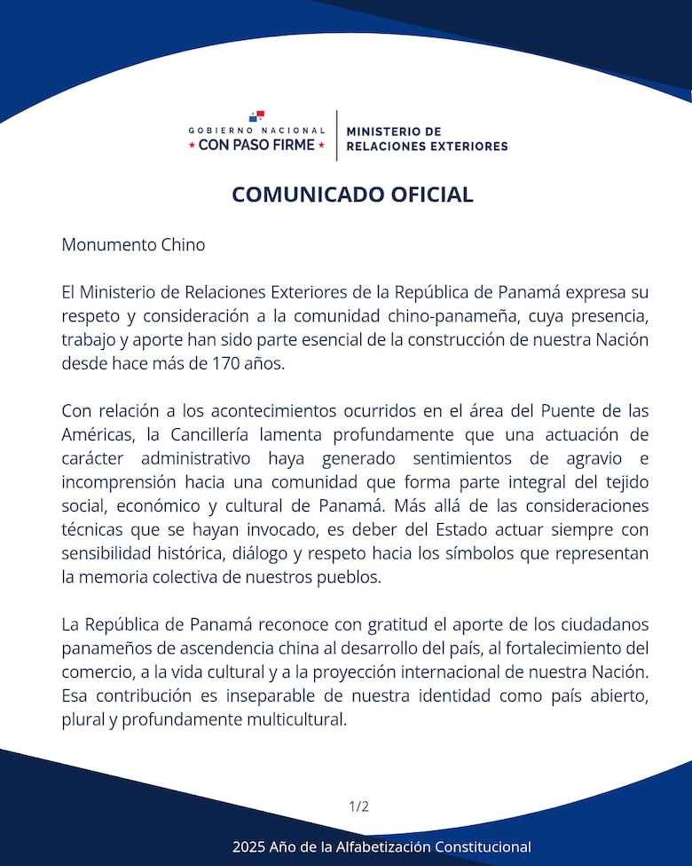 Presidente Mulino califica de ‘imperdonable’ la demolición del monumento chino y pide una investigación inmediata