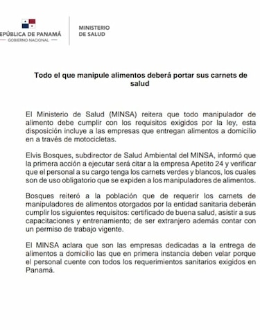 Minsa: ‘todo manipulador de alimentos deberá portar sus carnés de salud’
