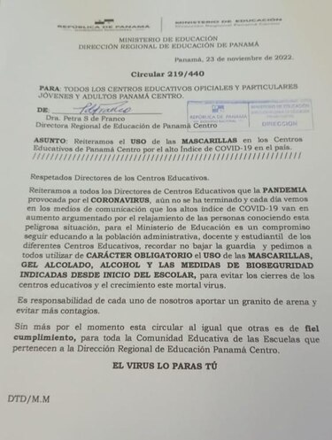 El uso de la mascarilla volverá a ser obligatorio en las escuelas del distrito de Panamá