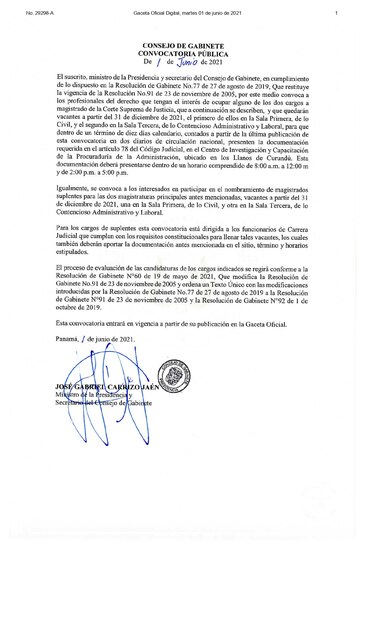Ejecutivo abre de manera oficial convocatoria para elección de dos magistrados de la Corte Suprema