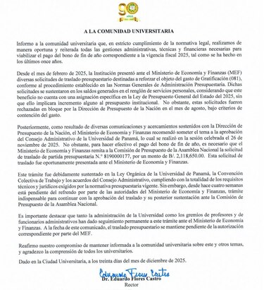 Universidad de Panamá atribuye atraso del bono 2025 a falta de refrendo del MEF