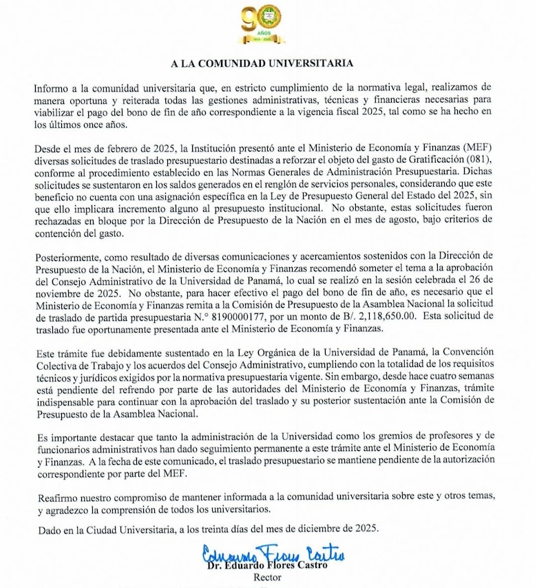 Universidad de Panamá atribuye atraso del bono 2025 a falta de refrendo del MEF