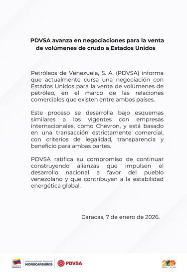 Estatal venezolana Pdvsa confirma negociación para venta de petróleo a Estados Unidos